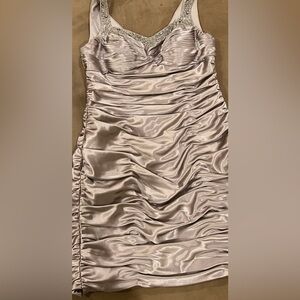 Cachet Silver Satin Ruched Dress with Beaded neckline